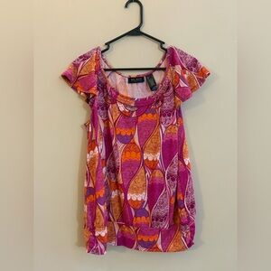 Axcess Y2K Groovy Abstract Pattern Short Flutter Sleeve Boho Fairy Shirt Blouse